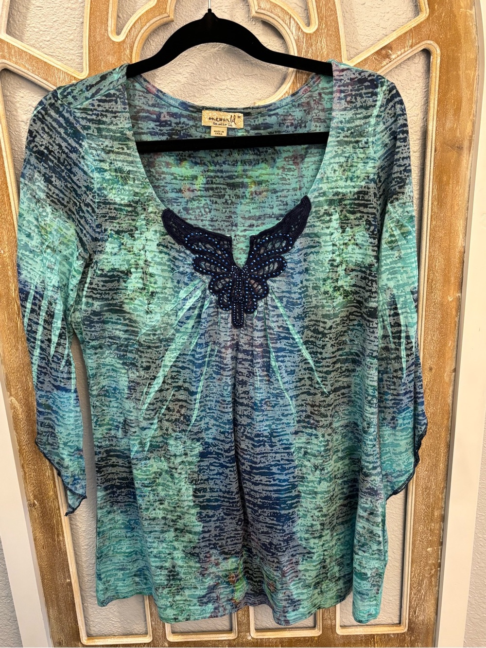 One World Blue Green Scoop Neck Embellished Women's Top